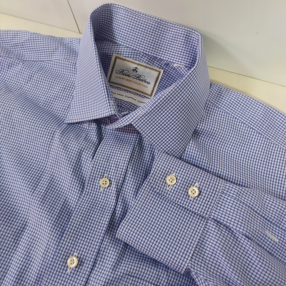 Brooks Brothers‎ Luxury Shirt Men Blue Gingham Supima Cotton Dress Shirt Size 16